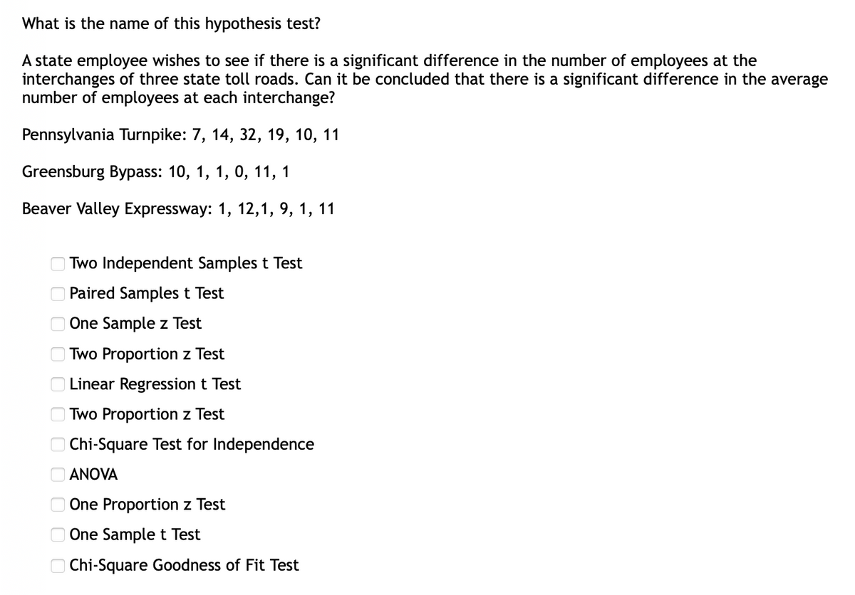 What is the name of this hypothesis test?
A state employee wishes to see if there is a significant difference in the number of employees at the
interchanges of three state toll roads. Can it be concluded that there is a significant difference in the average
number of employees at each interchange?
Pennsylvania Turnpike: 7, 14, 32, 19, 10, 11
Greensburg Bypass: 10, 1, 1, 0, 11, 1
Beaver Valley Expressway: 1, 12,1, 9, 1, 11
Two Independent Samples t Test
Paired Samples t Test
O One Sample z Test
Two Proportion z Test
Linear Regression t Test
Two Proportion z Test
O Chi-Square Test for Independence
O ANOVA
One Proportion z Test
O One Samplet Test
O Chi-Square Goodness of Fit Test
