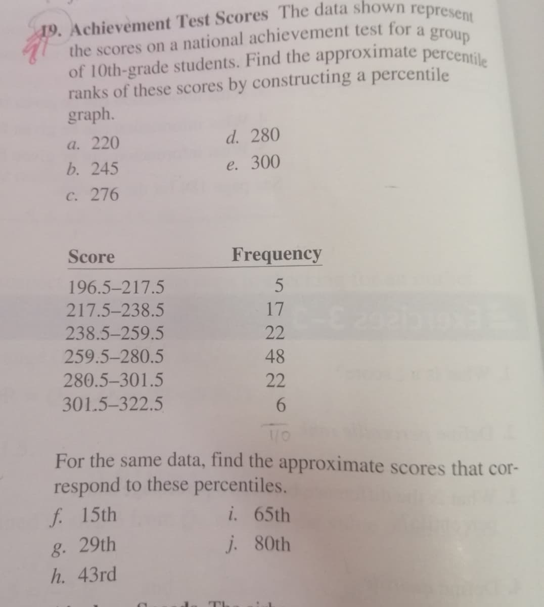 19. Achievement Test Scores The data shown represent
the scores on a national achievement test for a group
of 10th-grade students. Find the approximate percentile
of 10th-grade students. Find the approximate percentile
ranks of these scores by constructing a percentile
graph.
а. 220
d. 280
b. 245
e. 300
C. 276
Score
Frequency
196.5-217.5
217.5-238.5
17
238.5-259.5
22
259.5-280.5
48
280.5-301.5
22
301.5-322.5
For the same data, find the approximate scores that cor-
respond to these percentiles.
f. 15th
i. 65th
8. 29th
h. 43rd
j. 80th
