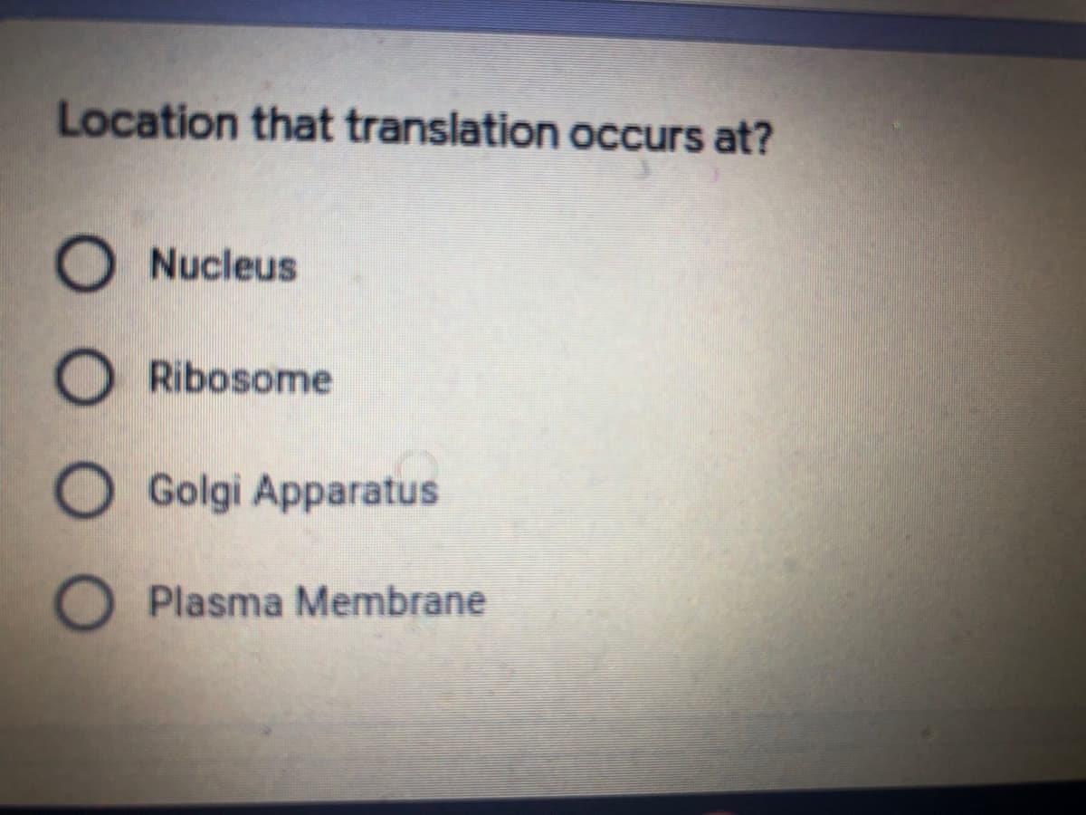Location that translation occurs at?
O Nucleus
O Ribosome
Golgi Apparatus
O Plasma Membrane
