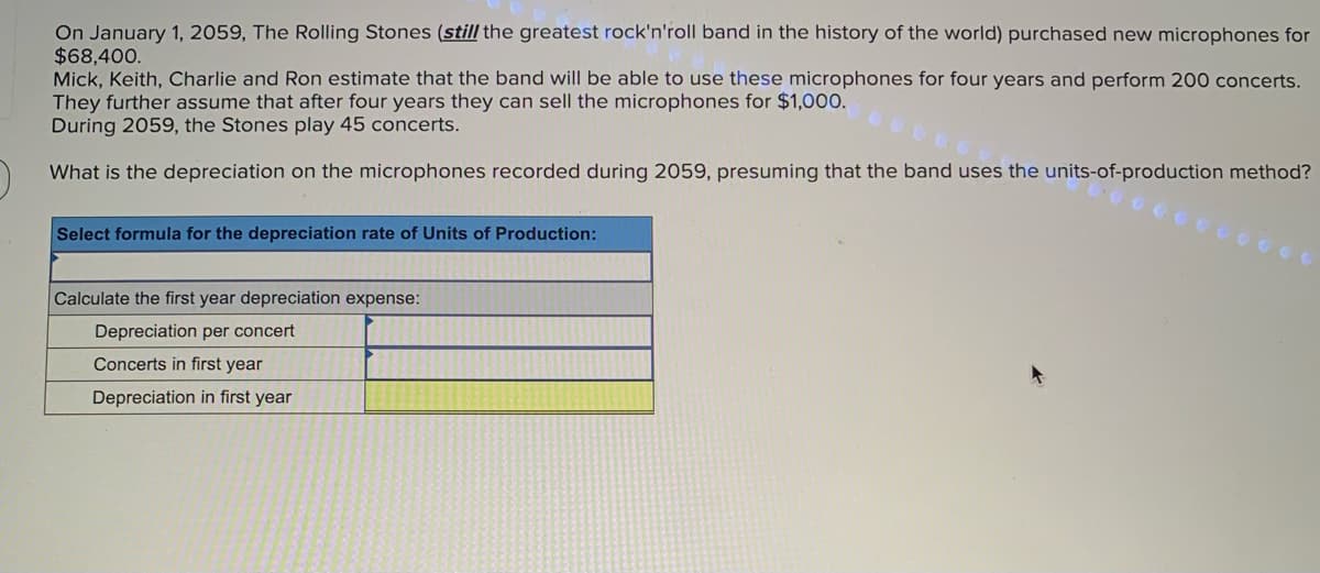 On January 1, 2059, The Rolling Stones (still the greatest rock'n'roll band in the history of the world) purchased new microphones for
$68,400.
Mick, Keith, Charlie and Ron estimate that the band will be able to use these microphones for four years and perform 200 concerts.
They further assume that after four years they can sell the microphones for $1,000.
During 2059, the Stones play 45 concerts.
What is the depreciation on the microphones recorded during 2059, presuming that the band uses the units-of-production method?
Select formula for the depreciation rate of Units of Production:
Calculate the first year depreciation expense:
Depreciation per concert
Concerts in first year
Depreciation in first year