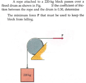 A rope attached to a 220-kg block passes over a
If the coefficient of fric-
tion between the rope and the drum is 0.30, determine
fixed drum as shown in Fig.
The minimum force P that must be used to keep the
block from falling.
P
220 kg
