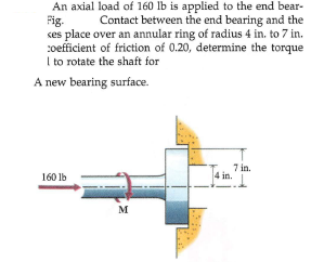 An axial load of 160 lb is applied to the end bear-
Fig.
ses place over an annular ring of radius 4 in. to 7 in.
:oefficient of friction of 0.20, determine the torque
I to rotate the shaft for
Contact between the end bearing and the
A new bearing surface.
7 in.
4 in.
160 lb
M
