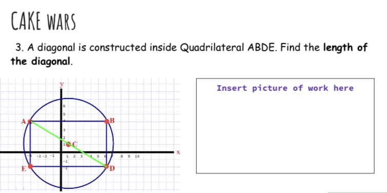 CAKE WARS
3. A diagonal is constructed inside Quadrilateral ABDE. Find the length of
the diagonal.
Insert picture of work here
B
1 2 3
-1
-3 -2 -1
B 9
18
