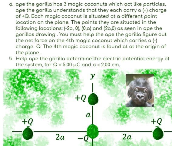 a. ape the gorilla has 3 magic coconuts which act like particles.
ape the gorilla understands that they each carry a (+) charge
of +Q. Each magic coconut is situated at a different point
location on the plane. The points they are situated in the
following locations: (-2a, 0), (0,a) and (2a,0) as seen in ape the
gorillas drawing. You must help the ape the gorilla figure out
the net force on the 4th magic coconut which carries a (-)
charge -Q. The 4th magic coconut is found at at the origin of
the plane.
b. Help ape the gorilla determine the electric potential energy of
the system, for Q = 5.00 μC and a = 2.00 cm.
y
+Q
2a
+Q
a
-Q
2a
+Q