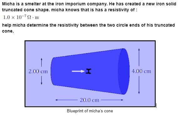 Micha is a smelter at the iron imporium company. He has created a new iron solid
truncated cone shape. micha knows that is has a resistivity of :
1.0 x 10-7-m
help micha determine the resistivity between the two circle ends of his truncated
cone,
2.00 cm
20.0 cm
Blueprint of micha's cone
4.00 cm