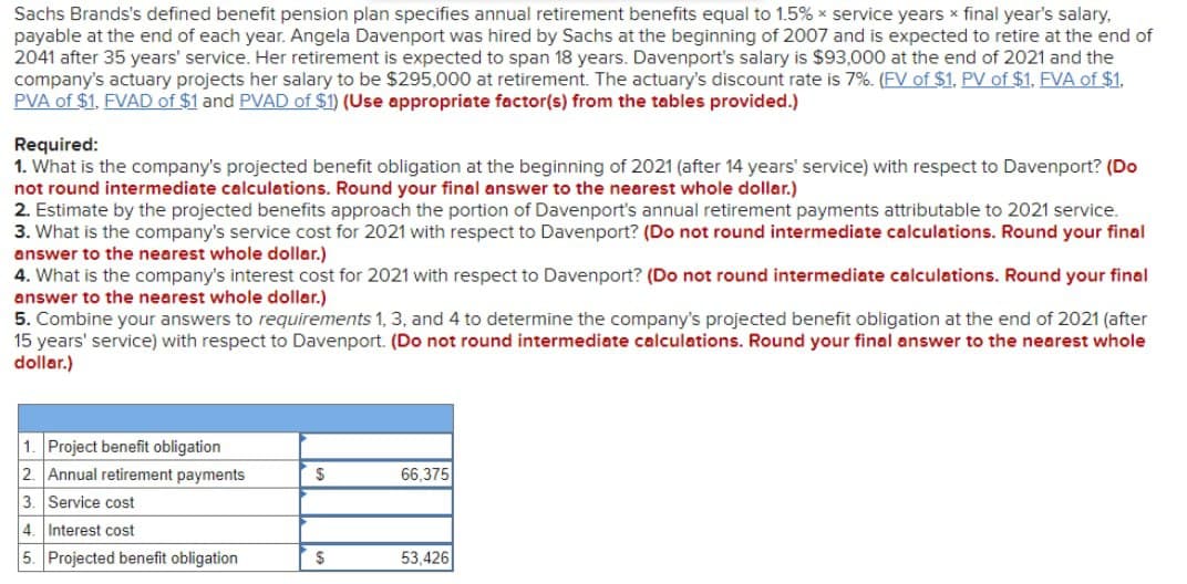 Sachs Brands's defined benefit pension plan specifies annual retirement benefits equal to 1.5% x service years x final year's salary,
payable at the end of each year. Angela Davenport was hired by Sachs at the beginning of 2007 and is expected to retire at the end of
2041 after 35 years' service. Her retirement is expected to span 18 years. Davenport's salary is $93,000 at the end of 2021 and the
company's actuary projects her salary to be $295,000 at retirement. The actuary's discount rate is 7%. (FV of $1, PV of $1, FVA of $1,
PVA of $1, FVAD of $1 and PVAD of $1) (Use appropriate factor(s) from the tables provided.)
Required:
1. What is the company's projected benefit obligation at the beginning of 2021 (after 14 years' service) with respect to Davenport? (Do
not round intermediate calculations. Round your final answer to the nearest whole dollar.)
2. Estimate by the projected benefits approach the portion of Davenport's annual retirement payments attributable to 2021 service.
3. What is the company's service cost for 2021 with respect to Davenport? (Do not round intermediate calculations. Round your final
answer to the nearest whole dollar.)
4. What is the company's interest cost for 2021 with respect to Davenport? (Do not round intermediate calculations. Round your final
answer to the nearest whole dollar.)
5. Combine your answers to requirements 1, 3, and 4 to determine the company's projected benefit obligation at the end of 2021 (after
15 years' service) with respect to Davenport. (Do not round intermediate calculations. Round your final answer to the nearest whole
dollar.)
1. Project benefit obligation
2. Annual retirement payments
66,375
3. Service cost
4. Interest cost
5. Projected benefit obligation
53,426
