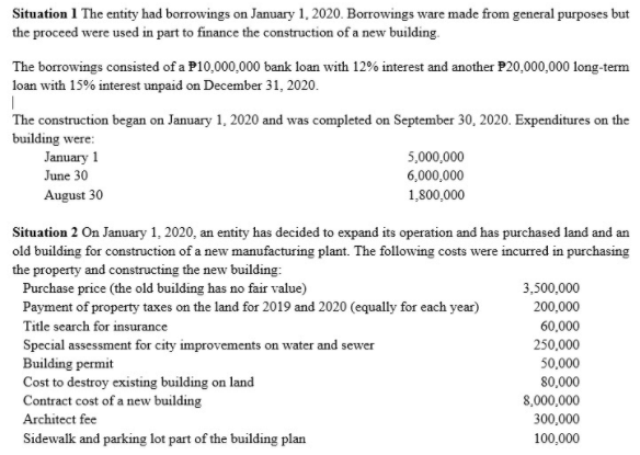 Situation 1 The entity had borrowings on January 1, 2020. Borrowings ware made from general purposes but
the proceed were used in part to finance the construction of a new building.
The borrowings consisted of a P10,000,000 bank loan with 12% interest and another P20,000,000 long-term
loan with 15% interest unpaid on December 31, 2020.
The construction began on January 1, 2020 and was completed on September 30, 2020. Expenditures on the
building were:
January 1
5,000,000
6,000,000
June 30
August 30
1,800,000
Situation 2 On January 1, 2020, an entity has decided to expand its operation and has purchased land and an
old building for construction of a new manufacturing plant. The following costs were incurred in purchasing
the property and constructing the new building:
Purchase price (the old building has no fair value)
Payment of property taxes on the land for 2019 and 2020 (equally for each year)
3,500,000
200,000
Title search for insurance
60,000
Special assessment for city improvements on water and sewer
Building permit
Cost to destroy existing building on land
Contract cost of a new building
250,000
50,000
80,000
8,000,000
300,000
Architect fee
Sidewalk and parking lot part of the building plan
100,000
