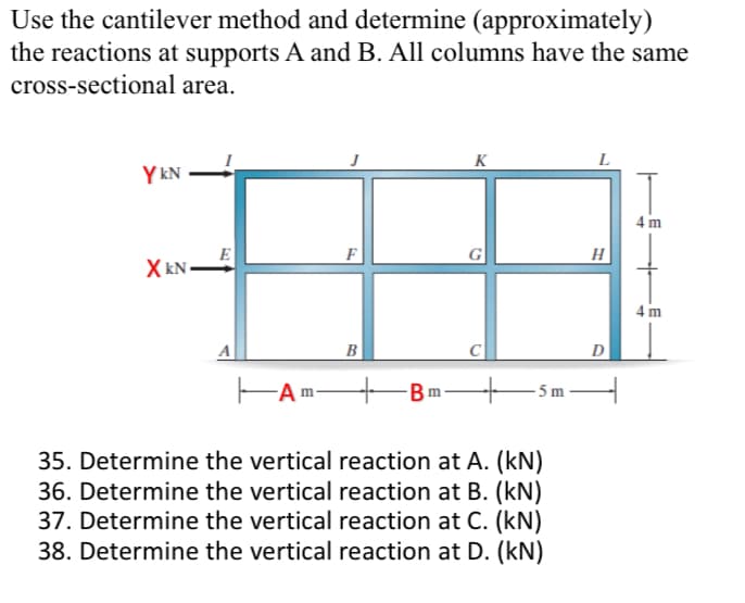 Use the cantilever method and determine (approximately)
the reactions at supports A and B. All columns have the same
cross-sectional area.
YkN
XkNE
A
Am
F
B
m
K
+ 5m
35. Determine the vertical reaction at A. (kN)
36. Determine the vertical reaction at B. (kN)
37. Determine the vertical reaction at C. (kN)
38. Determine the vertical reaction at D. (kN)
L
H
D
4 m
4 m