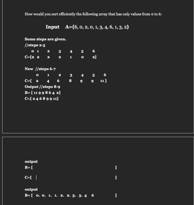 How would you sort efficiently the following array that has only values from 0 to 6:
Input A={6, 0, 2, 0, 1, 3, 4, 6, 1, 3, 2}
Some steps are given.
//steps 2-5
0 1 2
C=[2 2 2
3
IN CO
output
B= [
C=[ |
2
New //steps 6-7
0
1
C=[ 2
4
6
Output //steps 8-9
B= [11998 6 4 2]
C=[246899 11]
2
4
1
3
8
50
4
9
6
2]
5 6
9 11]
output
B=[ 0. 0. 1. 1. 2. 2. 3. 3. 4 6
]
]
]