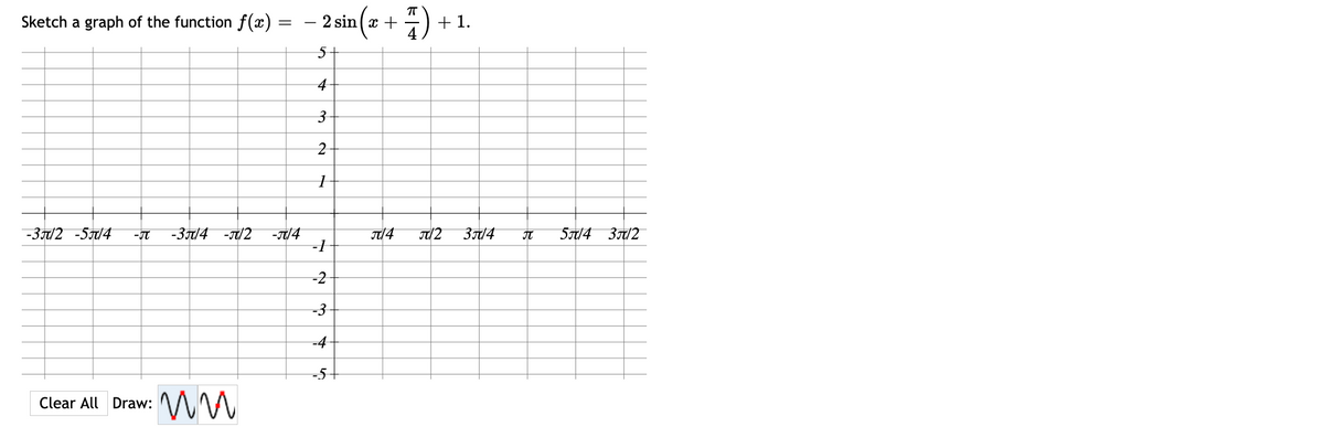 – 2sin (- + 4) + 1.
Sketch a graph of the function f(x)
5-
4
-Зл/2 -5л/4
-3T/4 -/2
-T/4
-1
T/2
Зл/4
5Jt/4 3/2
-IT
IT
-2
-3
-4
-5+
Clear All Draw:
3.
