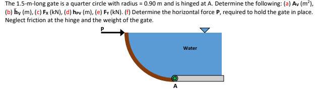 The 1.5-m-long gate is a quarter circle with radius = 0.90 m and is hinged at A. Determine the following: (a) Av (m²),
(b) hy (m), (c) Fx (kN), (d) hpv (m), (e) Fv (kN). (F) Determine the horizontal force P, required to hold the gate in place.
Neglect friction at the hinge and the weight of the gate.
Water
A
