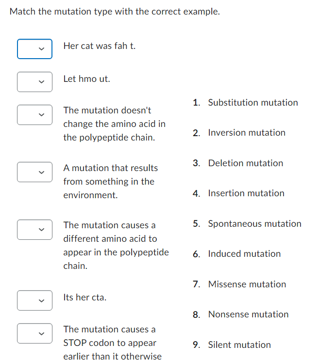 Match the mutation type with the correct example.
Her cat was fah t.
Let hmo ut.
The mutation doesn't
change the amino acid in
the polypeptide chain.
A mutation that results
from something in the
environment.
The mutation causes a
different amino acid to
appear in the polypeptide
chain.
Its her cta.
The mutation causes a
STOP codon to appear
earlier than it otherwise
1. Substitution mutation
2. Inversion mutation
3. Deletion mutation
4. Insertion mutation
5. Spontaneous mutation
6. Induced mutation
7. Missense mutation
8. Nonsense mutation
9. Silent mutation