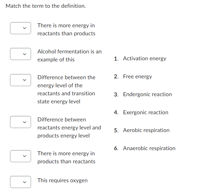 Match the term to the definition.
There is more energy in
reactants than products
Alcohol fermentation is an
example of this
Difference between the
energy level of the
reactants and transition
state energy level
Difference between
reactants energy level and
products energy level
There is more energy in
products than reactants
This requires oxygen
1. Activation energy
2. Free energy
3. Endergonic reaction
4. Exergonic reaction
5. Aerobic respiration
6. Anaerobic respiration