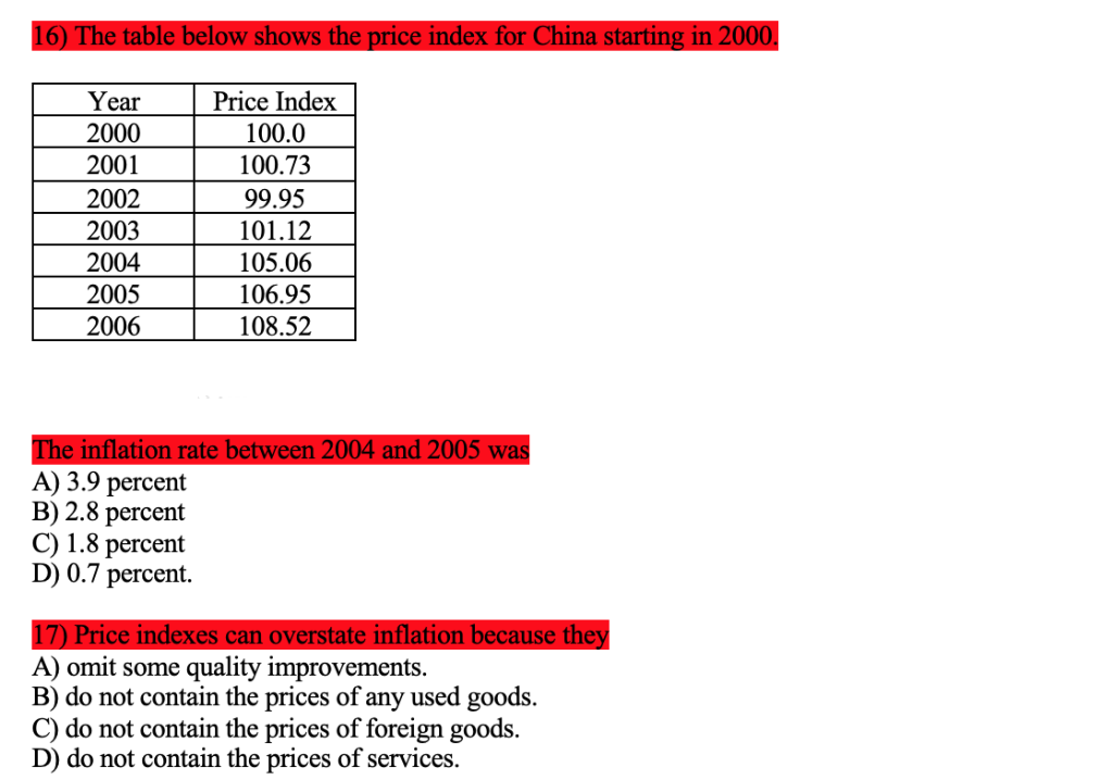 16) The table below shows the price index for China starting in 2000.
Year
2000
Price Index
100.0
2001
100.73
2002
99.95
101.12
2003
2004
105.06
2005
106.95
2006
108.52
The inflation rate between 2004 and 2005 was
A) 3.9 percent
B) 2.8 percent
C) 1.8 percent
D) 0.7 percent.
17) Price indexes can overstate inflation because they
A) omit some quality improvements.
B) do not contain the prices of any used goods.
C) do not contain the prices of foreign goods.
D) do not contain the prices of services.
