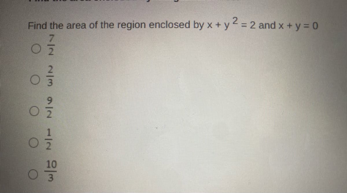 2
Find the area of the region enclosed by x + y = 2 and x + y = 0
10
72 2/39/2 2
