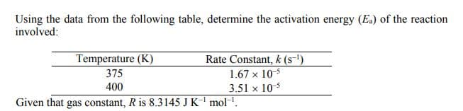Using the data from the following table, determine the activation energy (E.) of the reaction
involved:
Temperature (K)
Rate Constant, k (s-')
1.67 x 10-s
3.51 x 10-5
375
400
Given that gas constant, R is 8.3145 J K- mol-.
