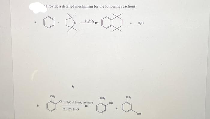 Provide a detailed mechanism for the following reactions.
H₂SO4
CI 1.NaOH, Heat, pressure
2. HC1, H₂O
CH₂
LOH
CH₂
H₂O
OH