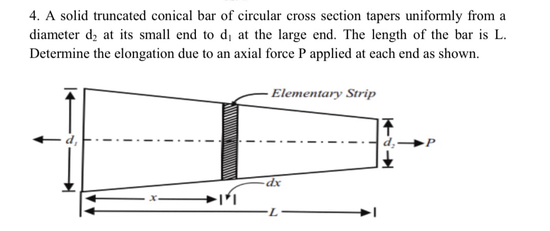 4. A solid truncated conical bar of circular cross section tapers uniformly from a
diameter d2 at its small end to d, at the large end. The length of the bar is L.
Determine the elongation due to an axial force P applied at each end as shown.
Elementary Strip
dx
7-
