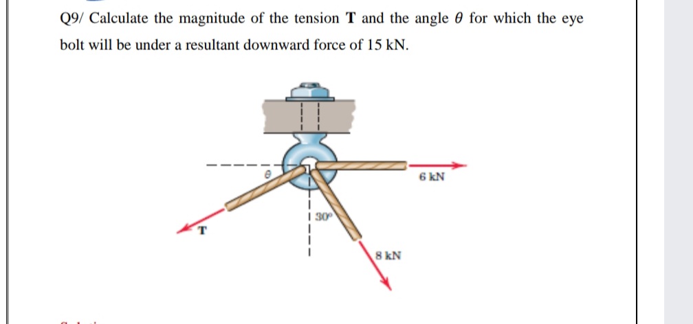 Q9/ Calculate the magnitude of the tension T and the angle 0 for which the eye
bolt will be under a resultant downward force of 15 kN.
6 kN
I 30°
8 kN
