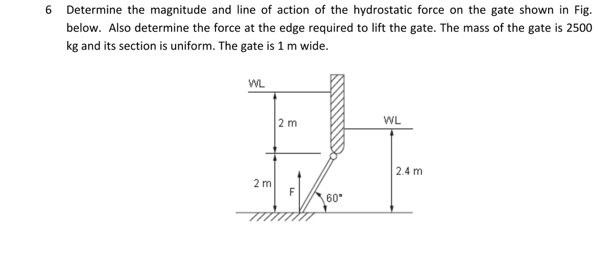 6.
Determine the magnitude and line of action of the hydrostatic force on the gate shown in Fig.
below. Also determine the force at the edge required to lift the gate. The mass of the gate is 2500
kg and its section is uniform. The gate is 1 m wide.
WL
2 m
WL
2.4 m
2 m
F
60°
