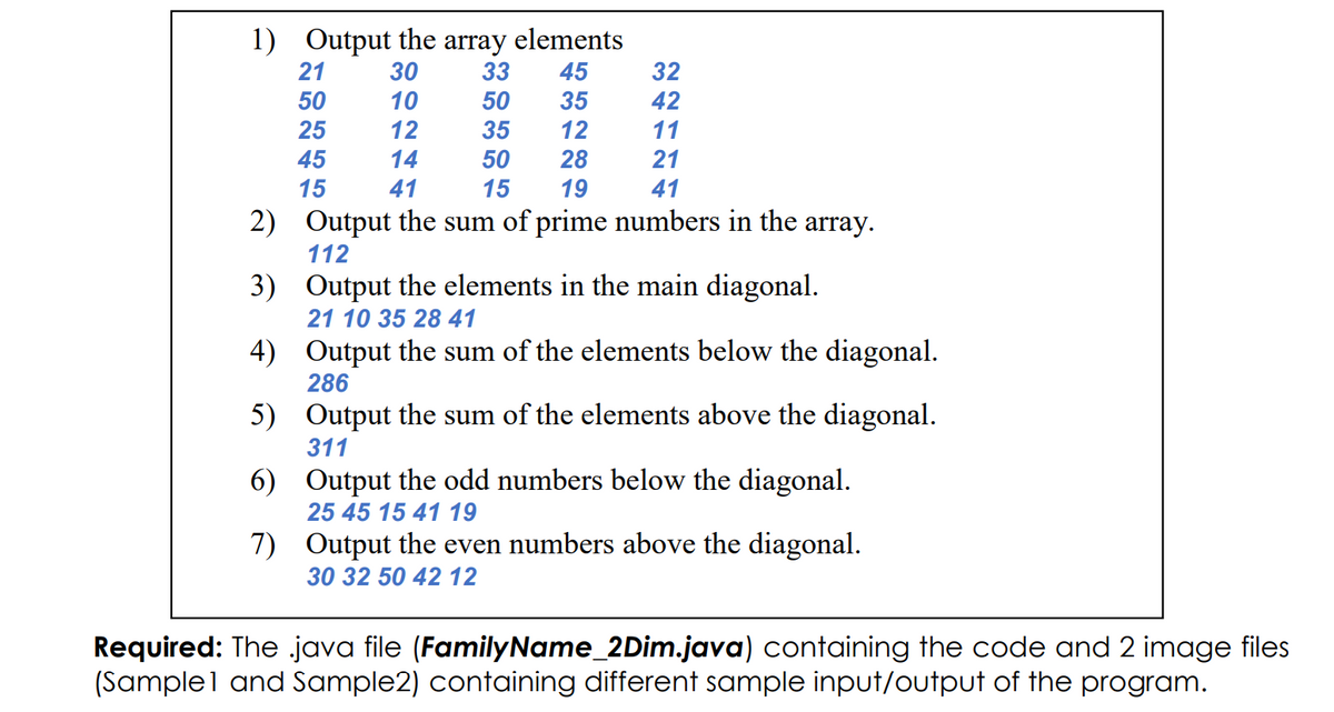 1) Output the array elements
33
21
30
45
32
50
10
50
35
42
25
12
35
12
11
45
14
50
28
21
15
41
15
19
41
2) Output the sum of prime numbers in the array.
112
3) Output the elements in the main diagonal.
21 10 35 28 41
4) Output the sum of the elements below the diagonal.
286
5) Output the sum of the elements above the diagonal.
311
6) Output the odd numbers below the diagonal.
25 45 15 41 19
7) Output the even numbers above the diagonal.
30 32 50 42 12
Required: The java file (FamilyName_2Dim.java) containing the code and 2 image files
(Samplel and Sample2) containing different sample input/output of the program.
