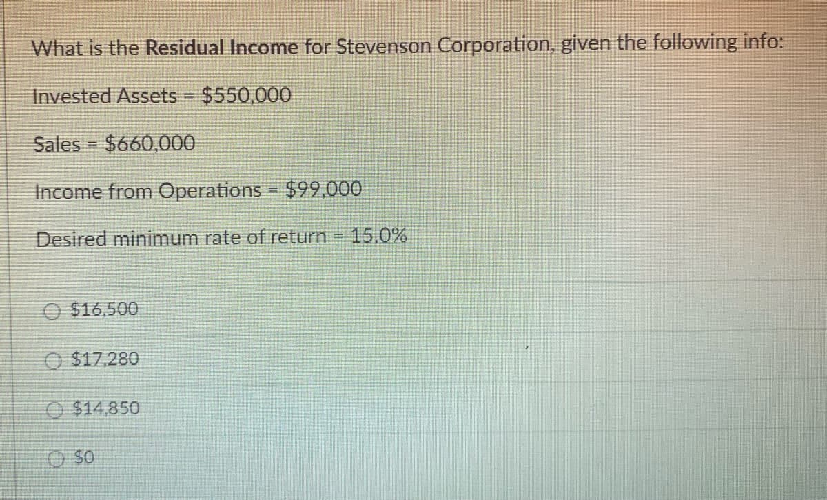 What is the Residual Income for Stevenson Corporation, given the following info:
Invested Assets = $550,000
Sales = $660,000
Income from Operations = $99,000
Desired minimum rate of return = 15.0%
O $16,500
O $17,280
O $14,850
O $0