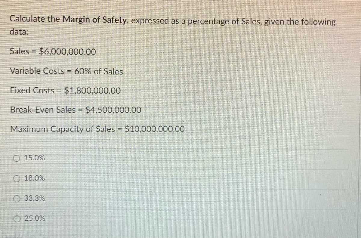Calculate the Margin of Safety, expressed as a percentage of Sales, given the following
data:
Sales $6,000,000.00
Variable Costs = 60% of Sales
Fixed Costs = $1,800,000.00
Break-Even Sales = $4,500,000.00
Maximum Capacity of Sales = $10,000,000.00
=
15.0%
18.0%
33.3%
25.0%