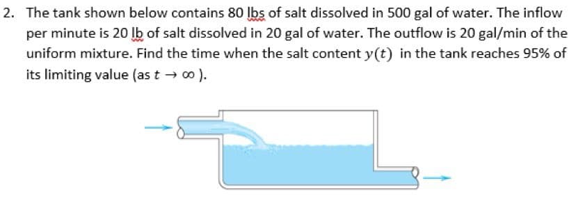 2. The tank shown below contains 80 lbs of salt dissolved in 500 gal of water. The inflow
per minute is 20 lb of salt dissolved in 20 gal of water. The outflow is 20 gal/min of the
uniform mixture. Find the time when the salt content y(t) in the tank reaches 95% of
its limiting value (as t → 0 ).
