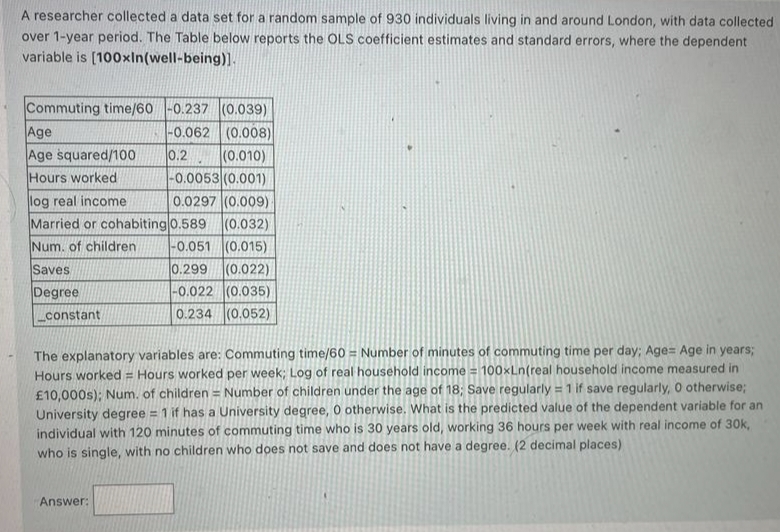 A researcher collected a data set for a random sample of 930 individuals living in and around London, with data collected
over 1-year period. The Table below reports the OLS coefficient estimates and standard errors, where the dependent
variable is [100xIn(well-being)].
Commuting time/60 -0.237 (0.039)
-0.062 (0.008)
0.2
Age
Age squared/100
Hours worked
log real income
Married or cohabiting
Num. of children
Saves
Degree
constant
(0.010)
-0.0053 (0.001)
0.0297 (0.009)
Answer:
0.589 (0.032)
-0.051
(0.015)
0.299 (0.022)
-0.022 (0.035)
0.234 (0.052)
The explanatory variables are: Commuting time/60 = Number of minutes of commuting time per day; Age= Age in years;
Hours worked = Hours worked per week; Log of real household income = 100xLn(real household income measured in
£10,000s); Num. of children = Number of children under the age of 18; Save regularly = 1 if save regularly, 0 otherwise;
University degree = 1 if has a University degree, O otherwise. What is the predicted value of the dependent variable for an
individual with 120 minutes of commuting time who is 30 years old, working 36 hours per week with real income of 30k,
who is single, with no children who does not save and does not have a degree. (2 decimal places)