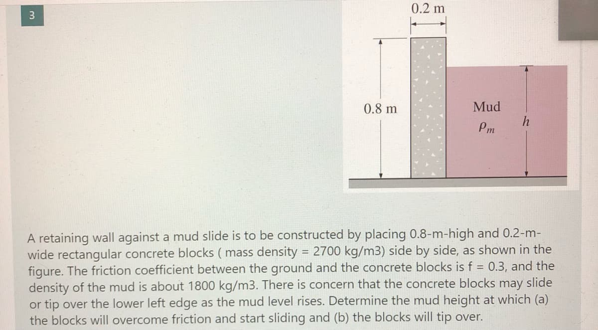 0.2 m
3
0.8 m
Mud
Pm
A retaining wall against a mud slide is to be constructed by placing 0.8-m-high and 0.2-m-
wide rectangular concrete blocks ( mass density = 2700 kg/m3) side by side, as shown in the
figure. The friction coefficient between the ground and the concrete blocks is f = 0.3, and the
density of the mud is about 1800 kg/m3. There is concern that the concrete blocks may slide
or tip over the lower left edge as the mud level rises. Determine the mud height at which (a)
the blocks will overcome friction and start sliding and (b) the blocks will tip over.
