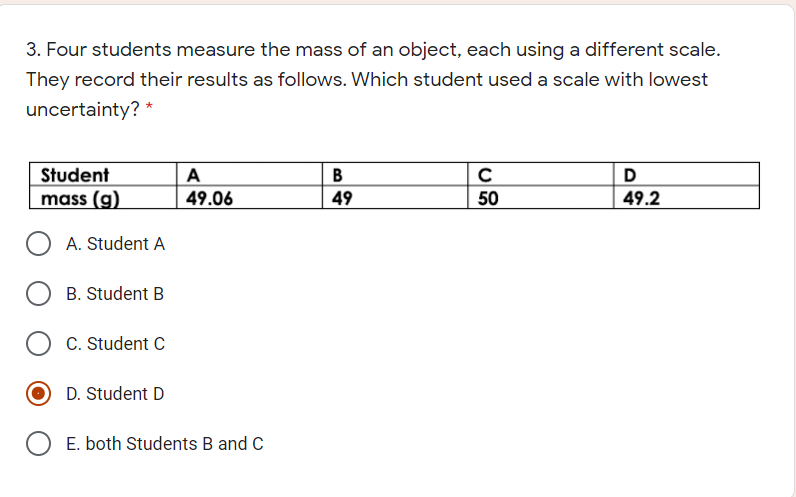 3. Four students measure the mass of an object, each using a different scale.
They record their results as follows. Which student used a scale with lowest
uncertainty? *
Student
mass (g)
A
D
49.06
49
50
49.2
A. Student A
B. Student B
C. Student C
O D. Student D
E. both Students B and C
