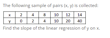 The
following
x
2
4
8
y
0 2 4
Find the slope of the linear regression of y on x.
sample of pairs (x, y) is collected:
10 12 14
10 20 40