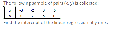 The following sample of pairs (x, y) is collected:
-3
0
X
-2
y
2
Find the intercept of the linear regression of y on x.
0
5
6 10