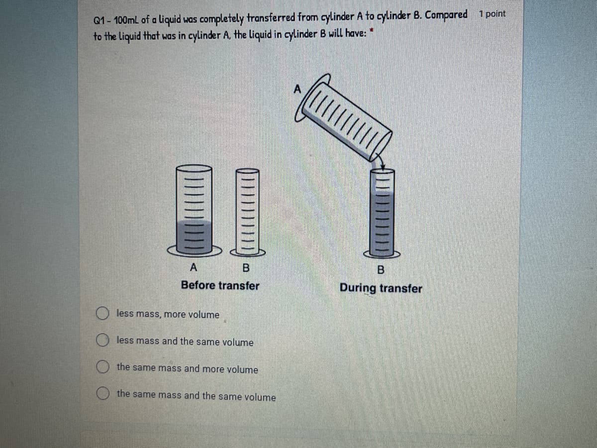 Q1- 100mL of a liquid was completely transferred from cylinder A to cylinder B. Compared 1 point
to the liquid that was in cylinder A, the liquid in cylinder B will have: *
A
B.
Before transfer
During transfer
less mass, more volume
less mass and the same volume
the same mass and more volume
the same mass and the same volume
