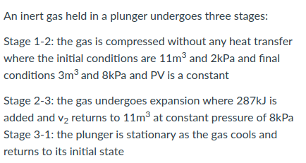 An inert gas held in a plunger undergoes three stages:
Stage 1-2: the gas is compressed without any heat transfer
where the initial conditions are 11m³ and 2kPa and final
conditions 3m3 and 8kPa and PV is a constant
Stage 2-3: the gas undergoes expansion where 287kJ is
added and v2 returns to 11m3 at constant pressure of 8kPa
Stage 3-1: the plunger is stationary as the gas cools and
returns to its initial state
