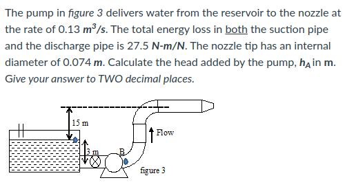 The pump in figure 3 delivers water from the reservoir to the nozzle at
the rate of 0.13 m³/s. The total energy loss in both the suction pipe
and the discharge pipe is 27.5 N-m/N. The nozzle tip has an internal
diameter of 0.074 m. Calculate the head added by the pump, ha in m.
Give your answer to TWO decimal places.
15 m
キ
Flow
figure 3
