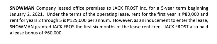 SNOWMAN Company leased office premises to JACK FROST Inc. for a 5-year term beginning
January 2, 2021. Under the terms of the operating lease, rent for the first year is P80,000 and
rent for years 2 through 5 is P125,000 per annum. However, as an inducement to enter the lease,
SNOWMAN granted JACK FROS the first six months of the lease rent-free. JACK FROST also paid
a lease bonus of P60,000.

