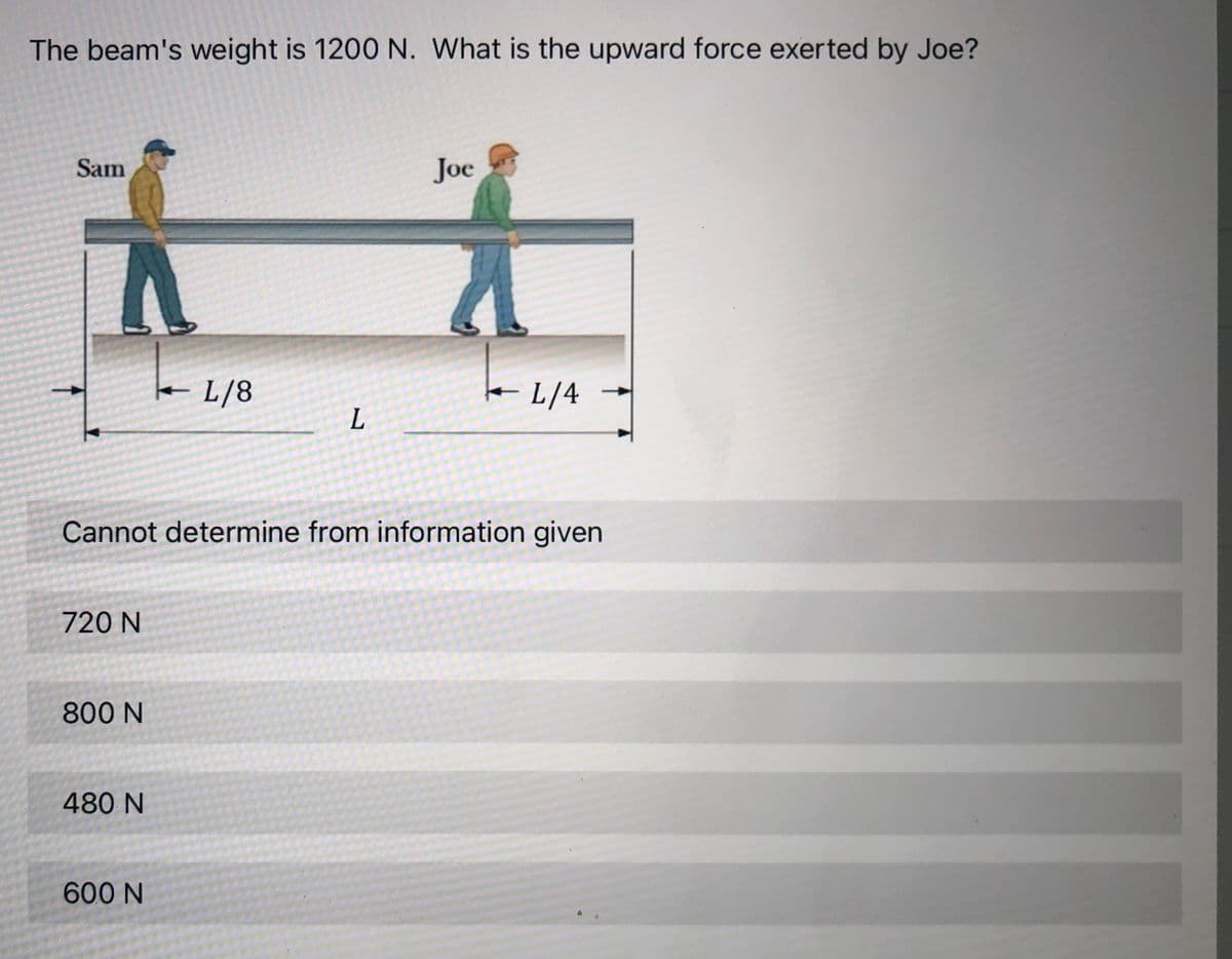The beam's weight is 1200 N. What is the upward force exerted by Joe?
Sam
Joe
- L/8
e L/4
Cannot determine from information given
720 N
800 N
480 N
600 N
