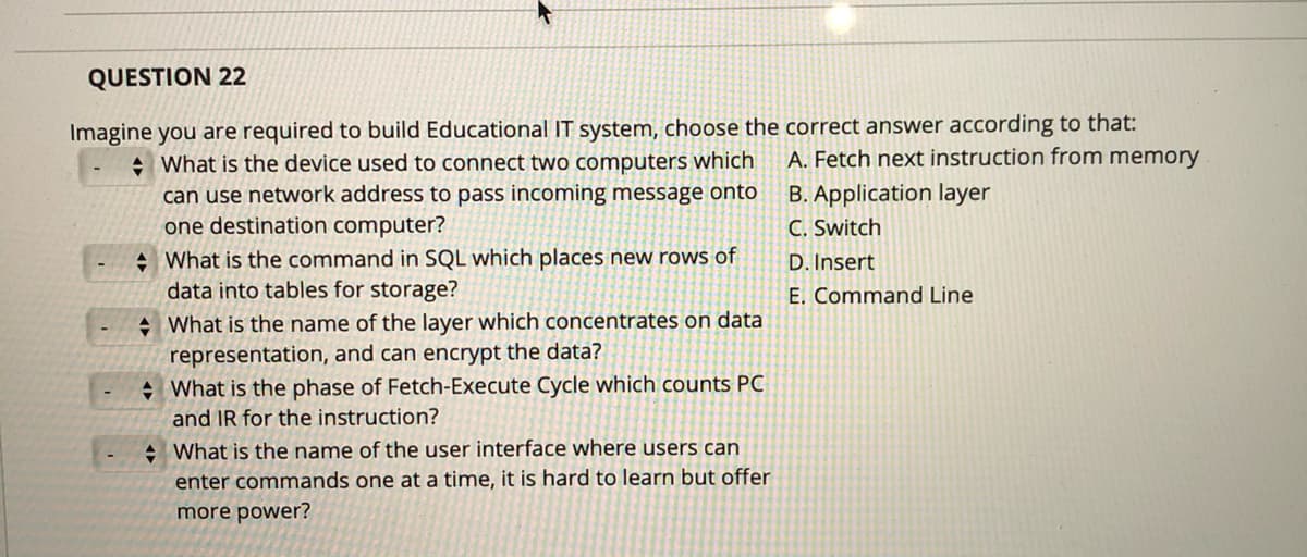 QUESTION 22
Imagine you are required to build Educational IT system, choose the correct answer according to that:
A. Fetch next instruction from memory
A What is the device used to connect two computers which
can use network address to pass incoming message onto
one destination computer?
B. Application layer
C. Switch
+ What is the command in SQL which places new rows of
data into tables for storage?
D. Insert
E. Command Line
+ What is the name of the layer which concentrates on data
representation, and can encrypt the data?
+ What is the phase of Fetch-Execute Cycle which counts PC
and IR for the instruction?
+ What is the name of the user interface where users can
enter commands one at a time, it is hard to learn but offer
more power?
