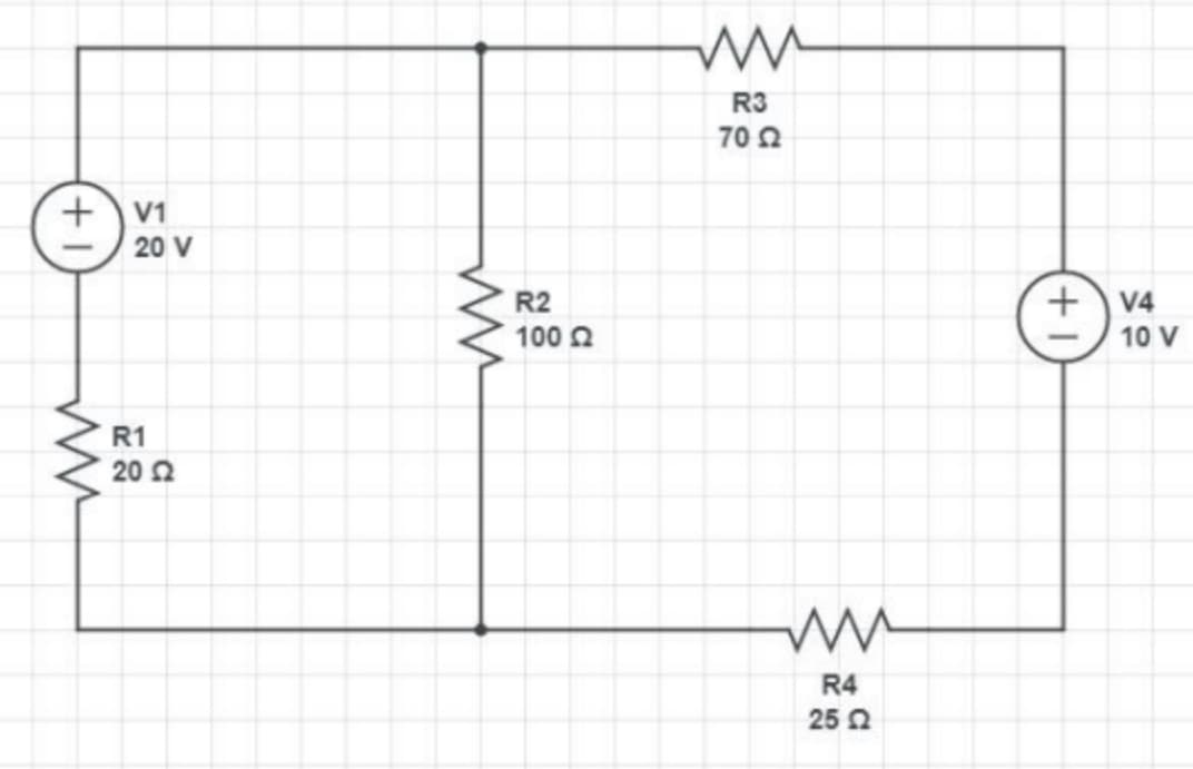 + V1
ww
20 V
R1
20 Ω
ww
R2
100 £2
R3
7052
R4
25 Ω
+1
V4
10 V