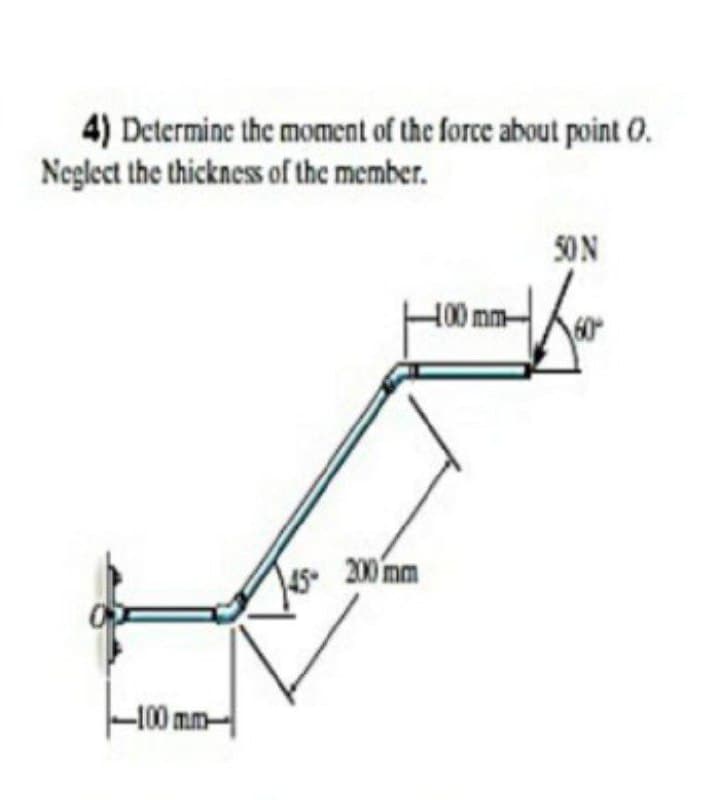 4) Determine the moment of the force about point 0.
Neglect the thickness of the member.
50N
H00 mm-
60
200 mm
-100mm
