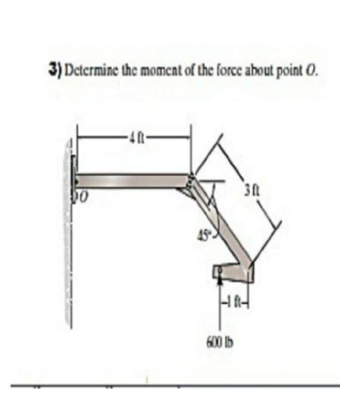 3) Determine the moment of the force about point O.
30
600 lb
