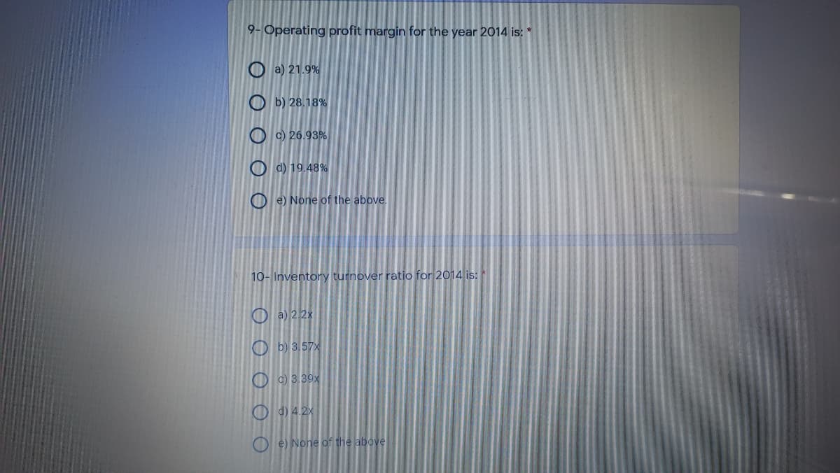 9- Operating profit margin for the year 2014 is: *
O a) 21.9%
O b) 28.18%
O c) 26.93%
O d) 19.48%
O e) None of the above.
10- Inventory turnover ratio for 2014 is:
O a) 22x
O b) 3,57x
O ©) 3.39x
O d) 4.2x
O e) None of the above
