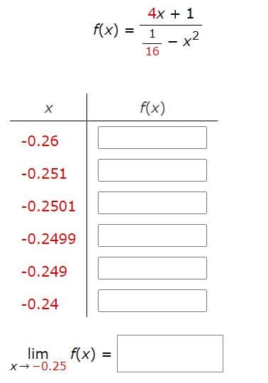 4x + 1
f(x)
1
x2
16
f(x)
-0.26
-0.251
-0.2501
-0.2499
-0.249
-0.24
lim
X--0.25
f(x) =
%D
