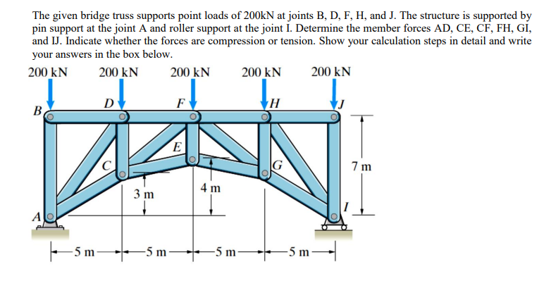 The given bridge truss supports point loads of 200KN at joints B, D, F, H, and J. The structure is supported by
pin support at the joint A and roller support at the joint I. Determine the member forces AD, CE, CF, FH, GỈ,
and IJ. Indicate whether the forces are compression or tension. Show your calculation steps in detail and write
your answers in the box below.
200 kN
200 kN
200 kN
200 kN
200 kN
D
B
E
7 m
4 m
3 m
-5 m
-5 m
-5 m-
-5 m -
E.
