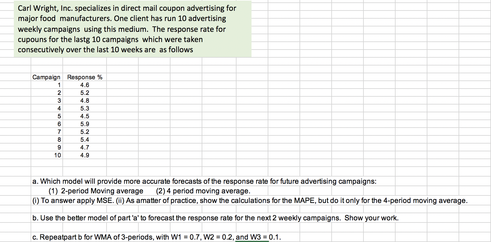 Carl Wright, Inc. specializes in direct mail coupon advertising for
major food manufacturers. One client has run 10 advertising
weekly campaigns using this medium. The response rate for
cupouns for the lastg 10 campaigns which were taken
consecutively over the last 10 weeks are as follows
Campaign Response %
4.6
5.2
3
4.8
4
5.3
4.5
5.9
7
5.2
5.4
4.7
10
4.9
a. Which model will provide more accurate forecasts of the response rate for future advertising campaigns:
(1) 2-period Moving average
|(i) To answer apply MSE. (ii) As amatter of practice, show the calculations for the MAPE, but do it only for the 4-period moving average.
(2) 4 period moving average.
b. Use the better model of part 'a' to forecast the response rate for the next 2 weekly campaigns. Show your work.
c. Repeatpart b for WMA of 3-periods, with W1 = 0.7, W2 = 0.2, and W3 = 0.1.
