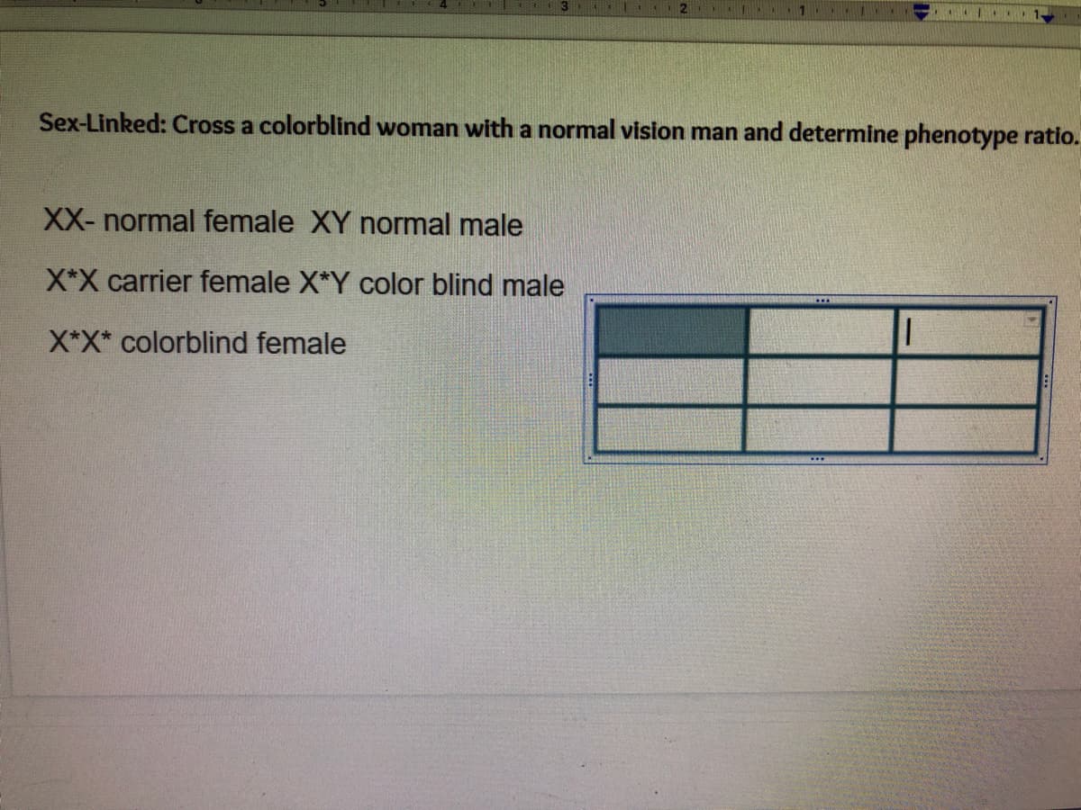 Sex-Linked: Cross a colorblind woman with a normal vision man and determine phenotype ratio.
XX- normal female XY normal male
X*X carrier female X*Y color blind male
X*X* colorblind female
