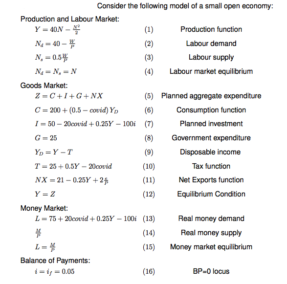 Consider the following model of a small open economy:
Production and Labour Market:
Y = 40N – N
(1)
Production function
Na = 40 –
(2)
Labour demand
N, = 0.5%
(3)
Labour supply
Na = N, = N
(4)
Labour market equilibrium
Goods Market:
Z = C+I+G+NX
(5) Planned aggregate expenditure
C = 200 + (0.5 – covid) Yp
(6)
Consumption function
I = 50 – 20covid + 0.25Y – 100i (7)
Planned investment
G = 25
(8)
Government expenditure
Yp = Y – T
(9)
Disposable income
T = 25 + 0.5Y – 20covid
(10)
Tax function
NX = 21 – 0.25Y +2$
(11)
Net Exports function
Y = Z
(12)
Equilibrium Condition
Money Market:
L = 75+ 20covid + 0.25Y – 100i (13)
Real money demand
(14)
Real money supply
P
L= ¥
(15)
Money market equilibrium
Balance of Payments:
i = ij = 0.05
(16)
BP=0 locus
