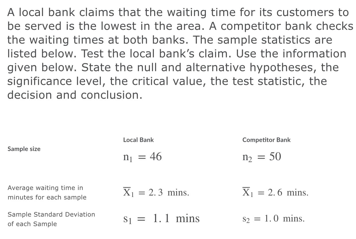 A local bank claims that the waiting time for its customers to
be served is the lowest in the area. A competitor bank checks
the waiting times at both banks. The sample statistics are
listed below. Test the local bank's claim. Use the information
given below. State the null and alternative hypotheses, the
significance level, the critical value, the test statistic, the
decision and conclusion.
Local Bank
Competitor Bank
Sample size
nị = 46
n2 = 50
Average waiting time in
minutes for each sample
X1
= 2. 3 mins.
X1 = 2.6 mins.
Sample Standard Deviation
Si = 1.1 mins
S2 = 1.0 mins.
of each Sample
