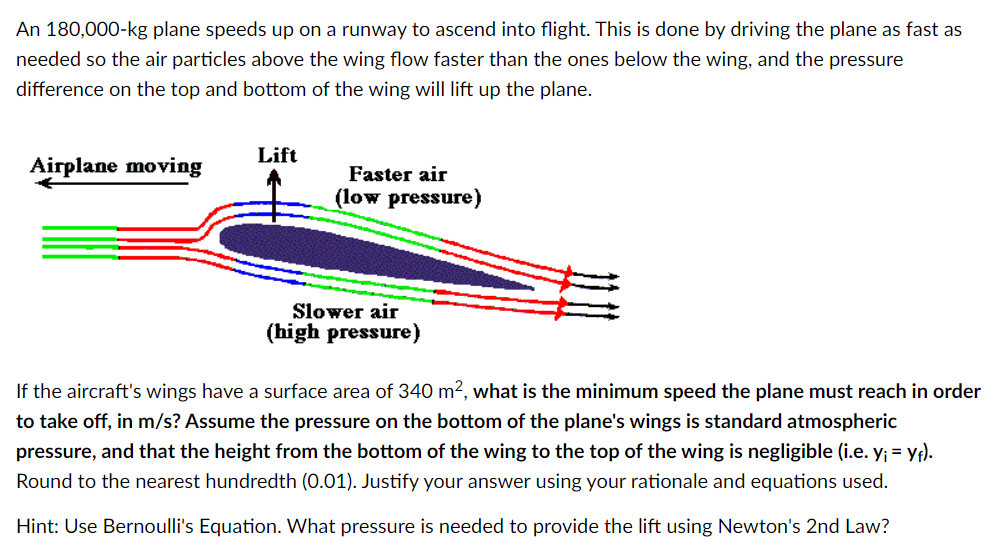 An 180,000-kg plane speeds up on a runway to ascend into flight. This is done by driving the plane as fast as
needed so the air particles above the wing flow faster than the ones below the wing, and the pressure
difference on the top and bottom of the wing will lift up the plane.
Lift
Airplane moving
Faster air
(low pressure)
Slower air
(high pressure)
If the aircraft's wings have a surface area of 340 m2, what is the minimum speed the plane must reach in order
to take off, in m/s? Assume the pressure on the bottom of the plane's wings is standard atmospheric
pressure, and that the height from the bottom of the wing to the top of the wing is negligible (i.e. y; = Yt).
Round to the nearest hundredth (0.01). Justify your answer using your rationale and equations used.
Hint: Use Bernoulli's Equation. What pressure is needed to provide the lift using Newton's 2nd Law?
